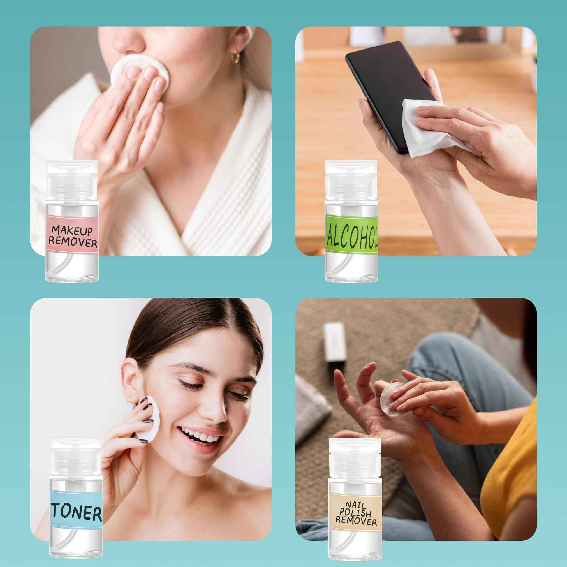 3 Pack Push Down Pump Dispenser,Clear Push Top Empty Bottles with DIY Stickers for Alcohol,Nail Polish,Makeup Remover,Toner (80ml)