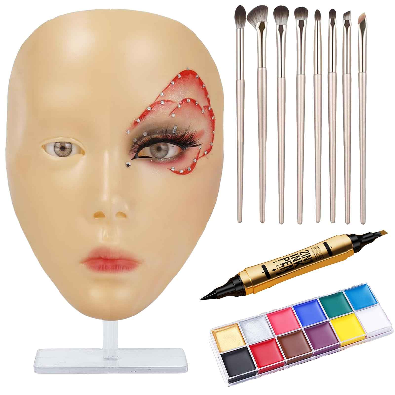 Silicone Makeup Practice Head, Set with Face Painting Mannequin, Brushes and Eyebrow Pen, Ideal Gift for Beginners & Enthusiasts to Improve Makeup Skills, Yellow
