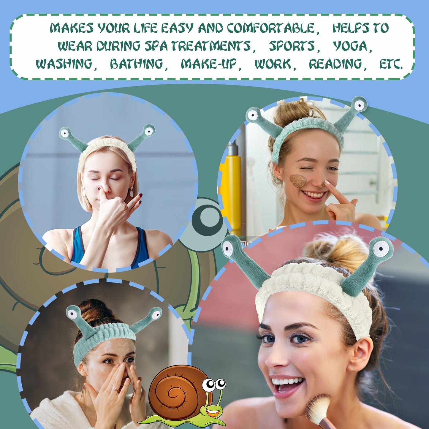 2Pcs Face Wash Headband Palm and Snail Spa Hair Bands Makeup Headbands Women Cartoon Cute Coral Fleece Elastic Headband Creative Hair Accessories for Washing Face Shower Sports Beauty Skincare (Beige)