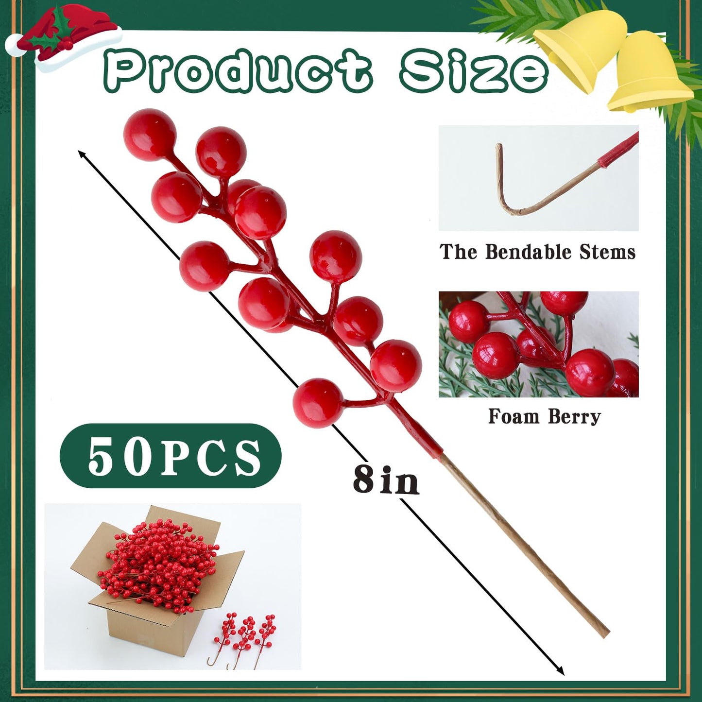 mizii Christmas Tree Decorations 50Pcs Artificial Red Berry Stems 8in Berry Picks Holly Berries Branches for Christmas Decor Xmas Winter Holiday Home DIY Ornaments (Red)