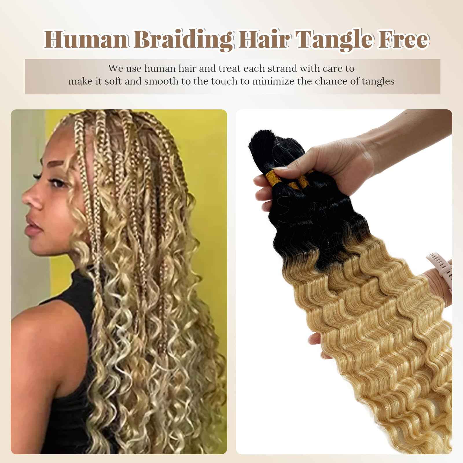 Human Braiding Hair for Boho Braids Ombre Blonde 100g 16 Inch Deep Curly Wave Natural Black Color for Boho Braids Remy Hair No Weft Boho Human Braiding Hair with Dark Roots Curly 2 Bundles/Pack