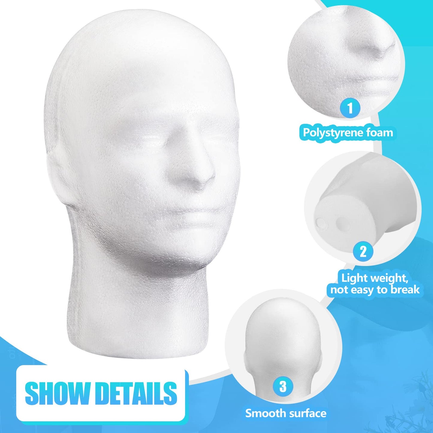 4 Count Wig Head Foam Head Foam Mannequin Head Stand Wig Holder Head for Hat Display, White (21.26 Inch)