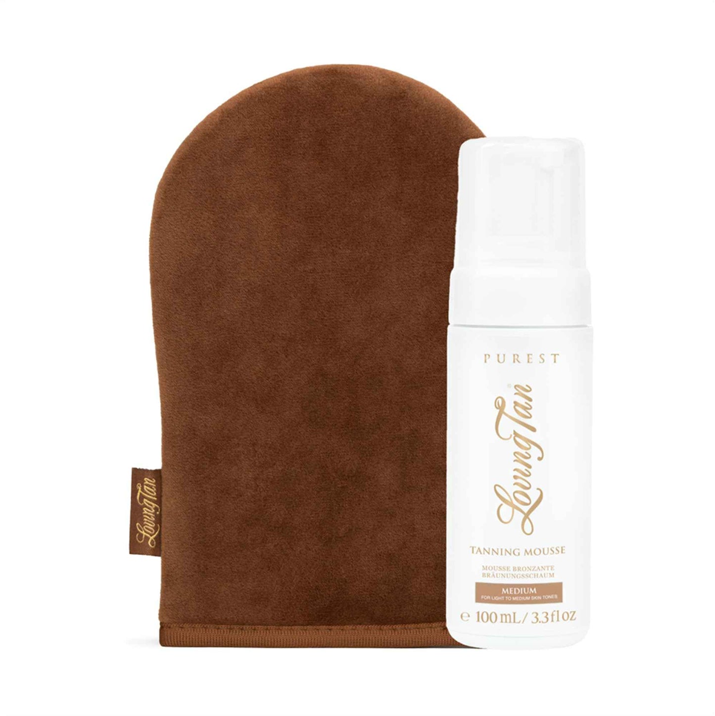 Loving Tan Purest Tanning Mousse, Medium + Purest Applicator Mitt - Sunless Tanner Made From 97% Certified Organic & Naturally Derived Ingredients - Cruelty Free, Vegan - 3.3 Fl Oz
