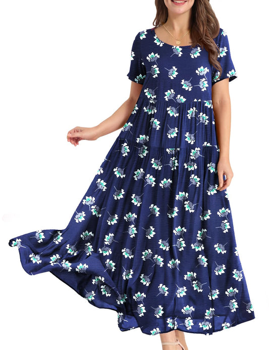 YESNO Women Casual Loose Bohemian Floral Dress with Pockets Short Sleeve Long Maxi Summer Beach Swing Dress S EJF CR423