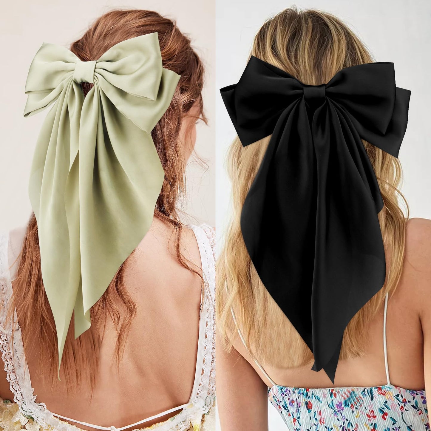 Velscrun Hair Bows for Women Girls 3Pcs White Black Green Silky Satin Large Bows Hair Clip Oversized Hair Ribbons Long Tail Big Bows Hair Accessories