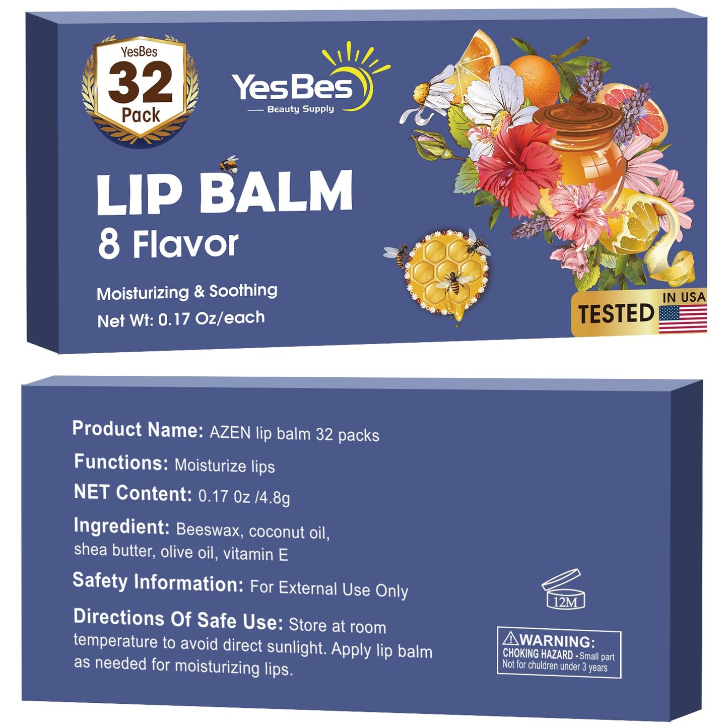 YesBes 32 Pack Lip Balm, Natural Lip Balm Bulk with Vitamin E and Coconut Oil, Moisturizing Lip Balm for Dry Cracked Lips, Lip Balm for Stocking Stuffers - 8 Flavors