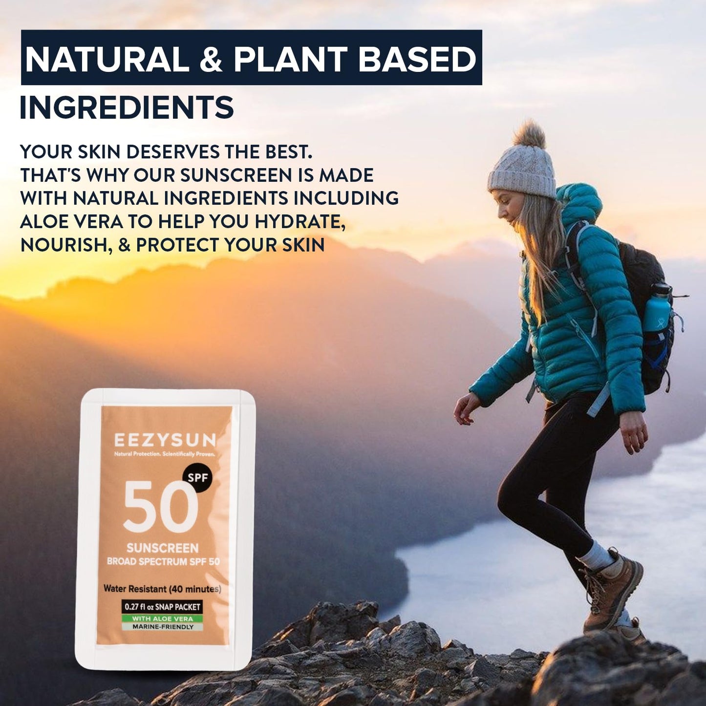 EEZYSUN Mineral SPF 50 Travel Size Sunscreen Snap Packets | Infused with Aloe Vera | Vegan & Reef-Safe | Broad Spectrum, Non-Oily & Natural with UVA/UVB Protection | 10 x 0.27 FL OZ