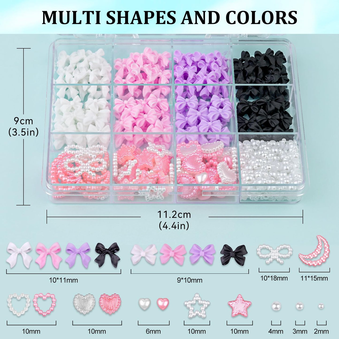 600 Pcs 3D Nail Charms and Flatback Pearls #6, 4 Colors Bow + Pink&White Star Heart Moon Cute Charms + 2-6mm White Pearls for Nail Art Design with Nail Charm Glue(UV Needed) and Pickup Tools