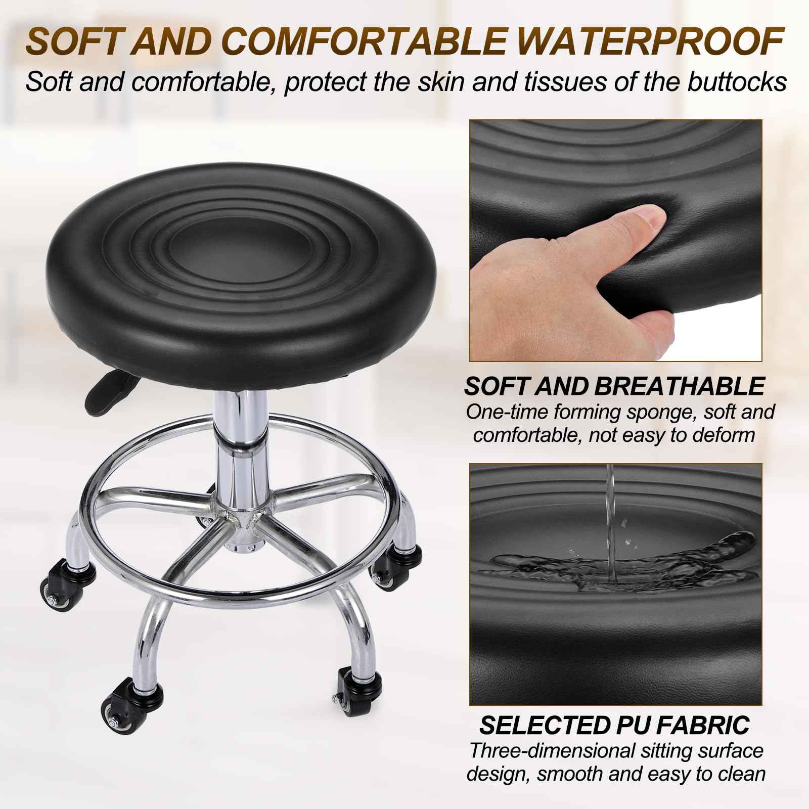 PATIKIL Adjustable Height Rolling Stool with Wheels, PU Leather Round Rolling Desk Stool for Tattoo Massage Salon Spa Salon Teach Facial Office, Black