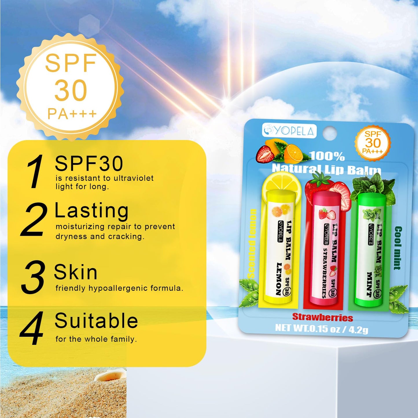 YOPELA 3 Pack SPF Lip Balm Bulk - SPF 30 SunGuard Lip Balm Sunscreen- Summer Protection for Lasting Hydration UV Defense Prevents and Soothes Dry, Chapped Lips-3 Delicious Flavors