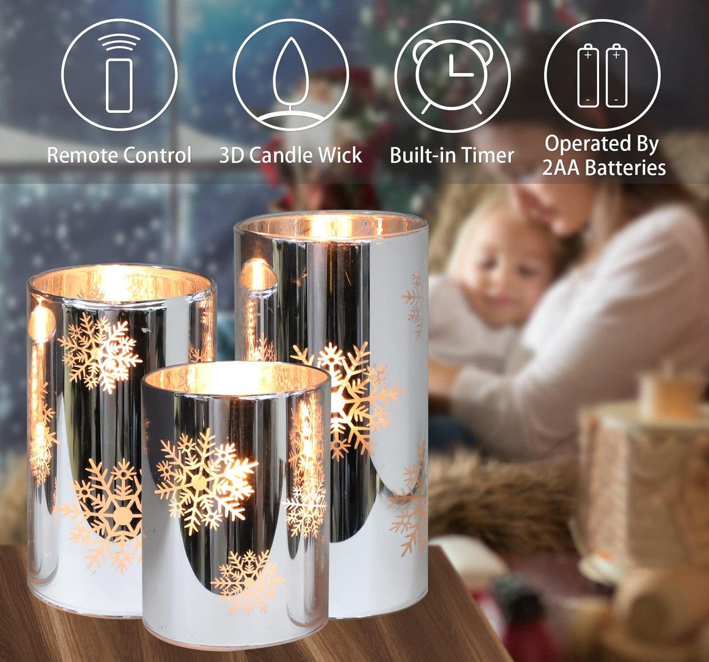 MELTONE Snowflake Holiday Flameless Candles: Real Wax Flickering Battery Operated Glass LED Candles with Remote - Home Xmas Party Christmas Decor - Set of 3