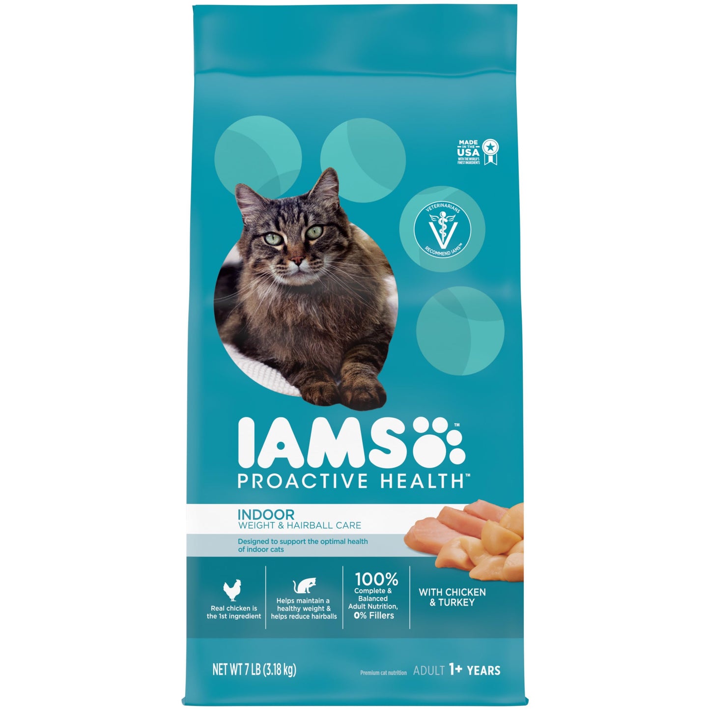 IAMS PROACTIVE HEALTH Adult Indoor Weight Control & Hairball Care Dry Cat Food with Chicken & Turkey Cat Kibble, 7 lb. Bag