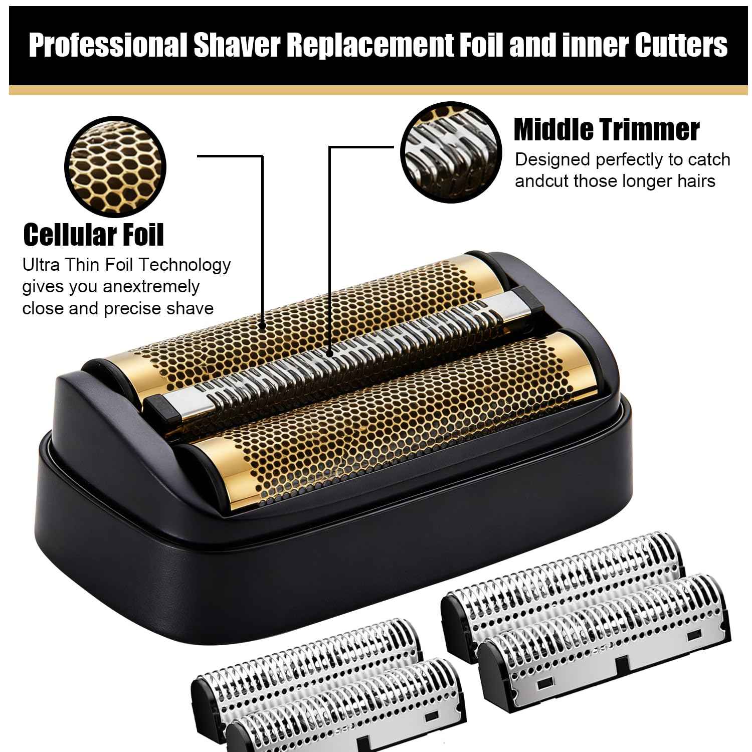 Shaver Replacement Golden Foil and Cutters compatible with Andis 17155 Pro lithium titanium foil shaver Replacement Heads(2 pack Black)
