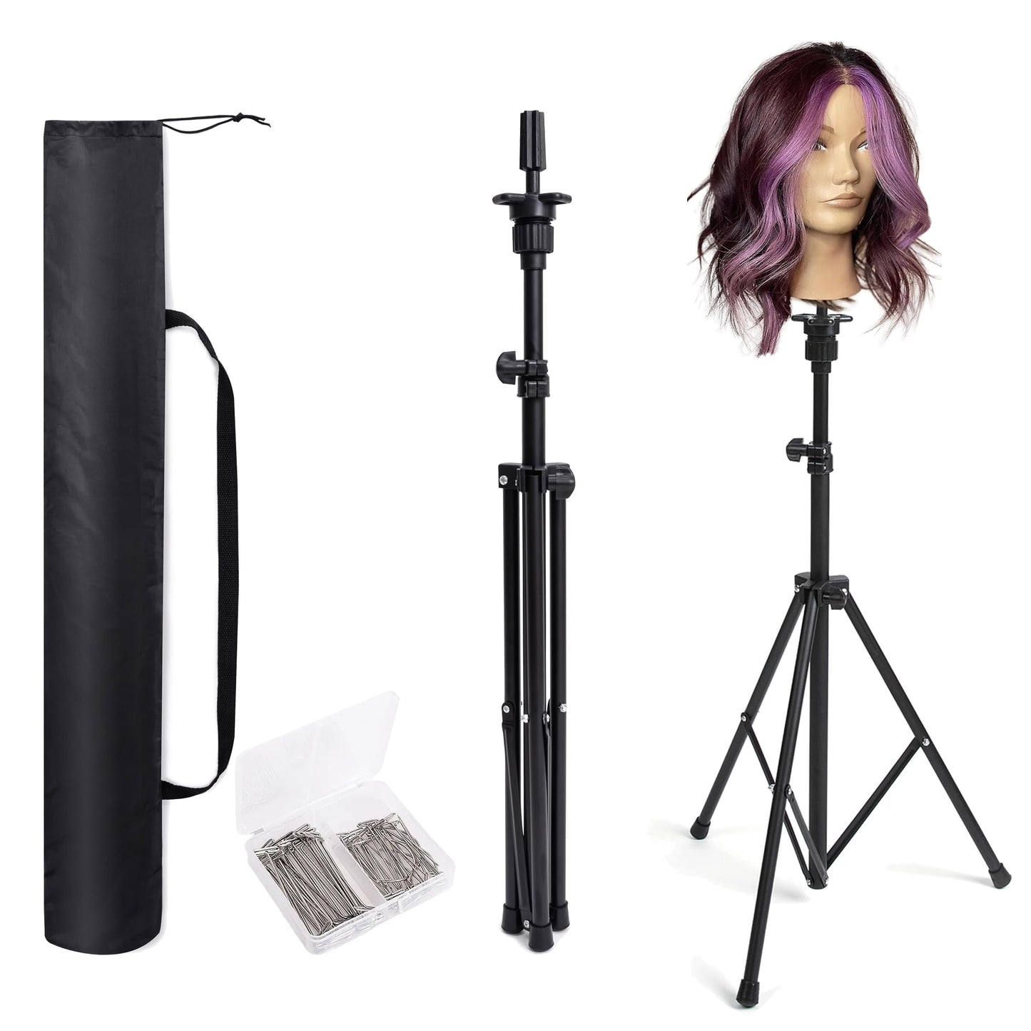 Goodofferplace GOODOFFER PLACE Wig Head Stand Metal Mannequin Head Tripod Stand Adjustable with Carrying Bag,30pcs T-PIN for Maniquins Head Manikin Head Training Canvas Block Head (Black)