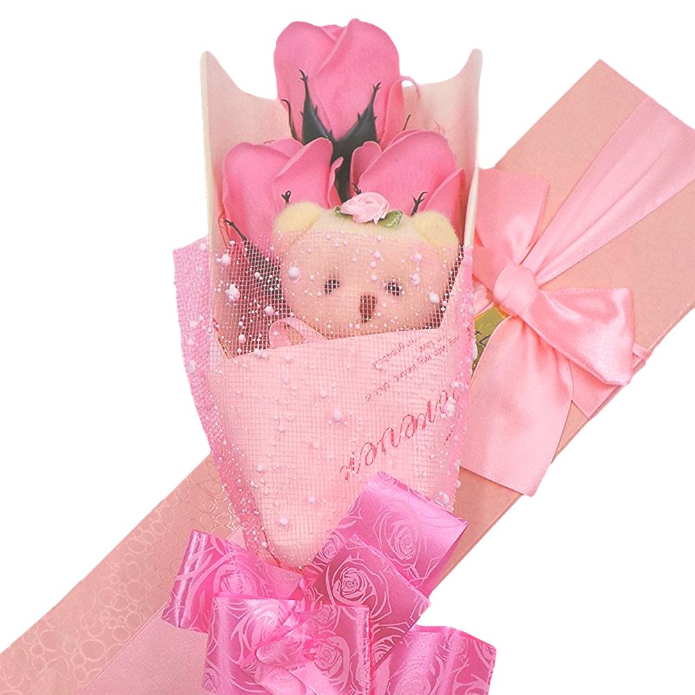 Abbie Home Flower Bouquet 3 Scented Soap Roses Gift Box with Cute Teddy Bear for Her Him Valentine's Day Anniversary Wedding Mothers Day Birthday Gift and Proposal-Pink