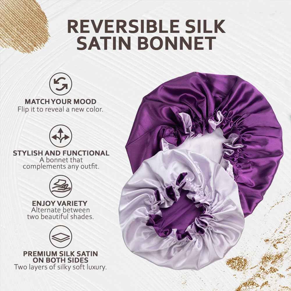Pretty Robes Silk Hair Bonnet for Sleeping, Reversible Bonnets for Black Women, Curly Hair Women Accessories (Eggplant/Lavender)
