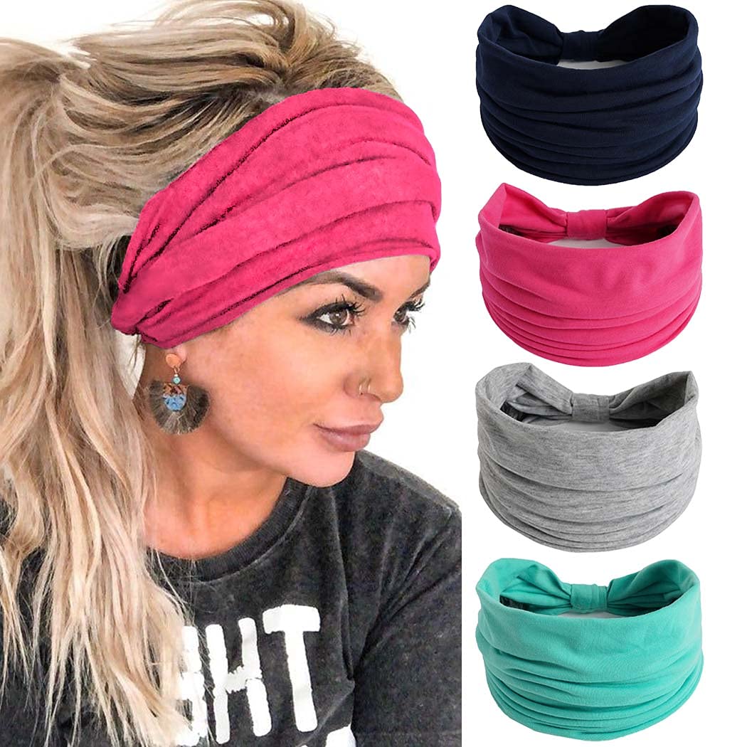 Gangel Solid Color Headbands Wide Turban Head Wraps Knotted Hair Scarfs Running Yoga Fabric Hair Accessories for Women (Pack of 4) (A)