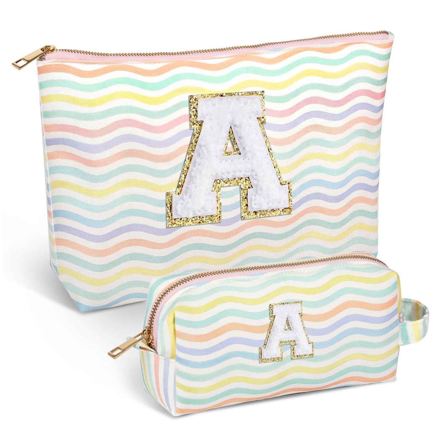 MaqSacion 2 Pieces Monogram Makeup Travel Bag for Teen Girl Gifts,Cosmetic Pouch for Girls,Initial Travel Toiletry Bag for Women,Custom Make up Organizer,Personalized Trendy Stuff - Light Rainbow A