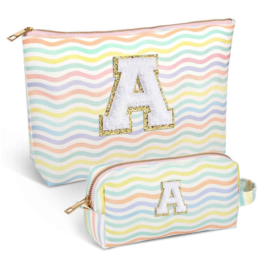 MaqSacion 2 Pieces Monogram Makeup Travel Bag for Teen Girl Gifts,Cosmetic Pouch for Girls,Initial Travel Toiletry Bag for Women,Custom Make up Organizer,Personalized Trendy Stuff - Light Rainbow A