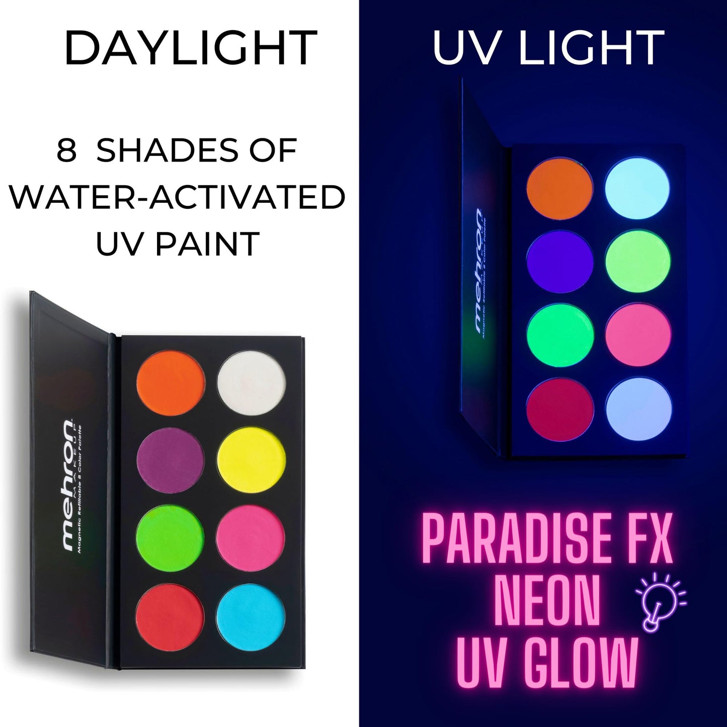 Mehron Makeup Paradise FX Neon UV Glow 8 Color Palette | Magnetic Refillable Special Effects Paint Palette | Professional Water Activated Paint for Raves, Costumes, SFX, Halloween, & Cosplay