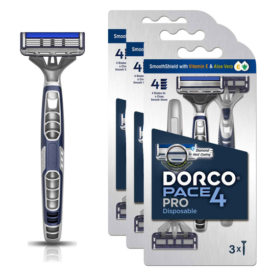 DORCO Pace Pro 4 Disposable Razors, 9 pack - Long Lasting 4 Blade Technology with a Precision Trimmer, Safety Guard Bar, Pivoting Head and Non-Slip Rubber Handle (9 Razors)