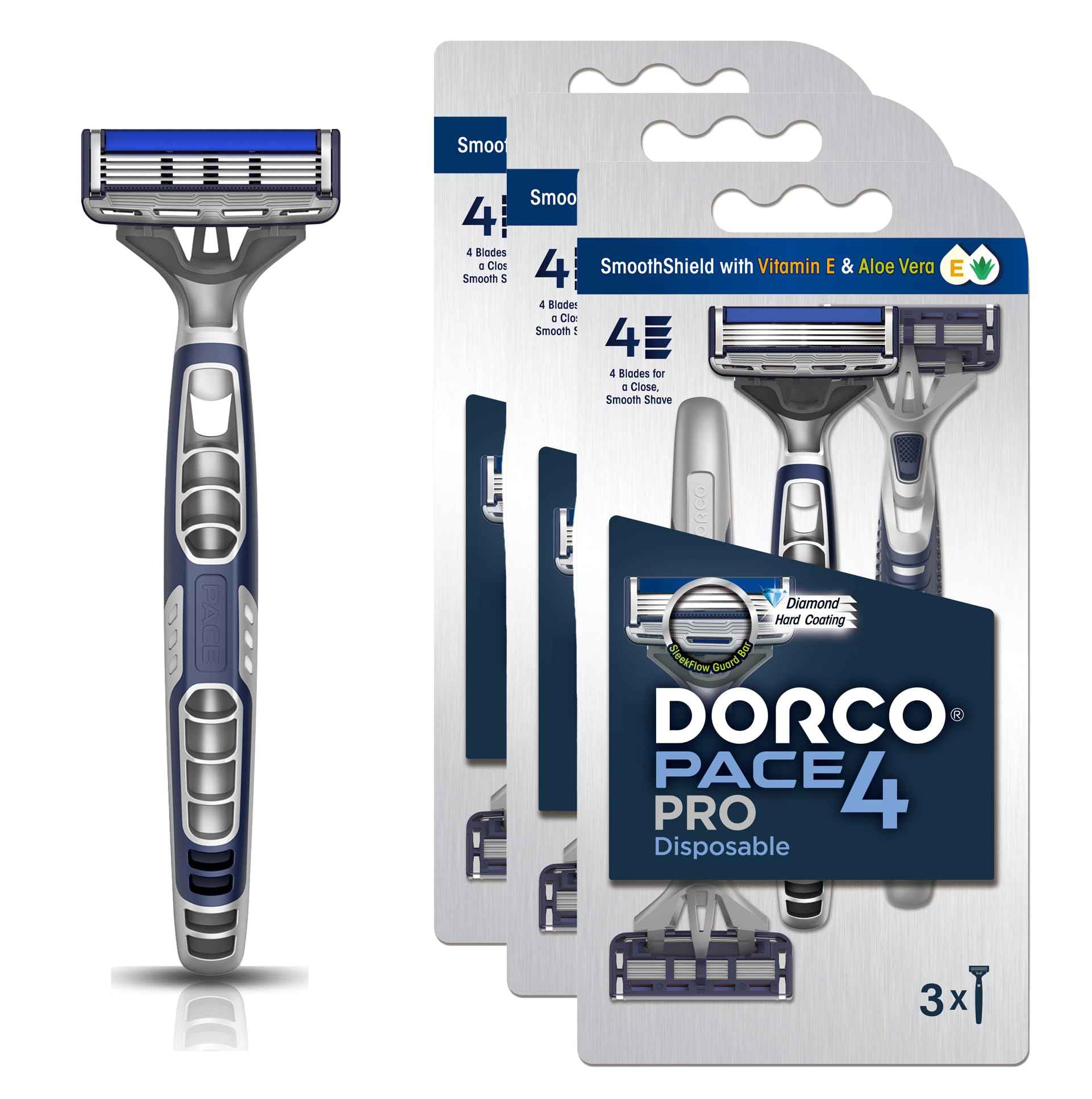 DORCO Pace Pro 4 Disposable Razors, 9 pack - Long Lasting 4 Blade Technology with a Precision Trimmer, Safety Guard Bar, Pivoting Head and Non-Slip Rubber Handle (9 Razors)