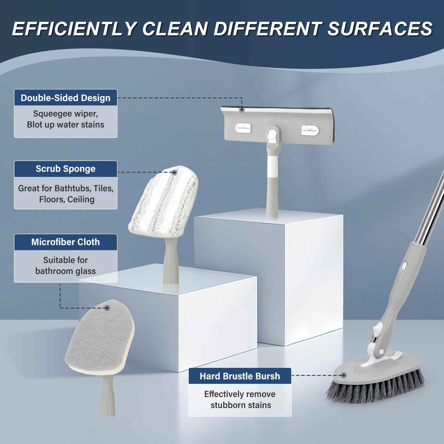 Tile Tub Floor Cleaner Scrubber With Long Handle - 5-in-1 Shower Brush Set for Bathroom, Kitchen, Walls, Sink - Includes Window Scraper and 3 Detachable No Scratch Heads