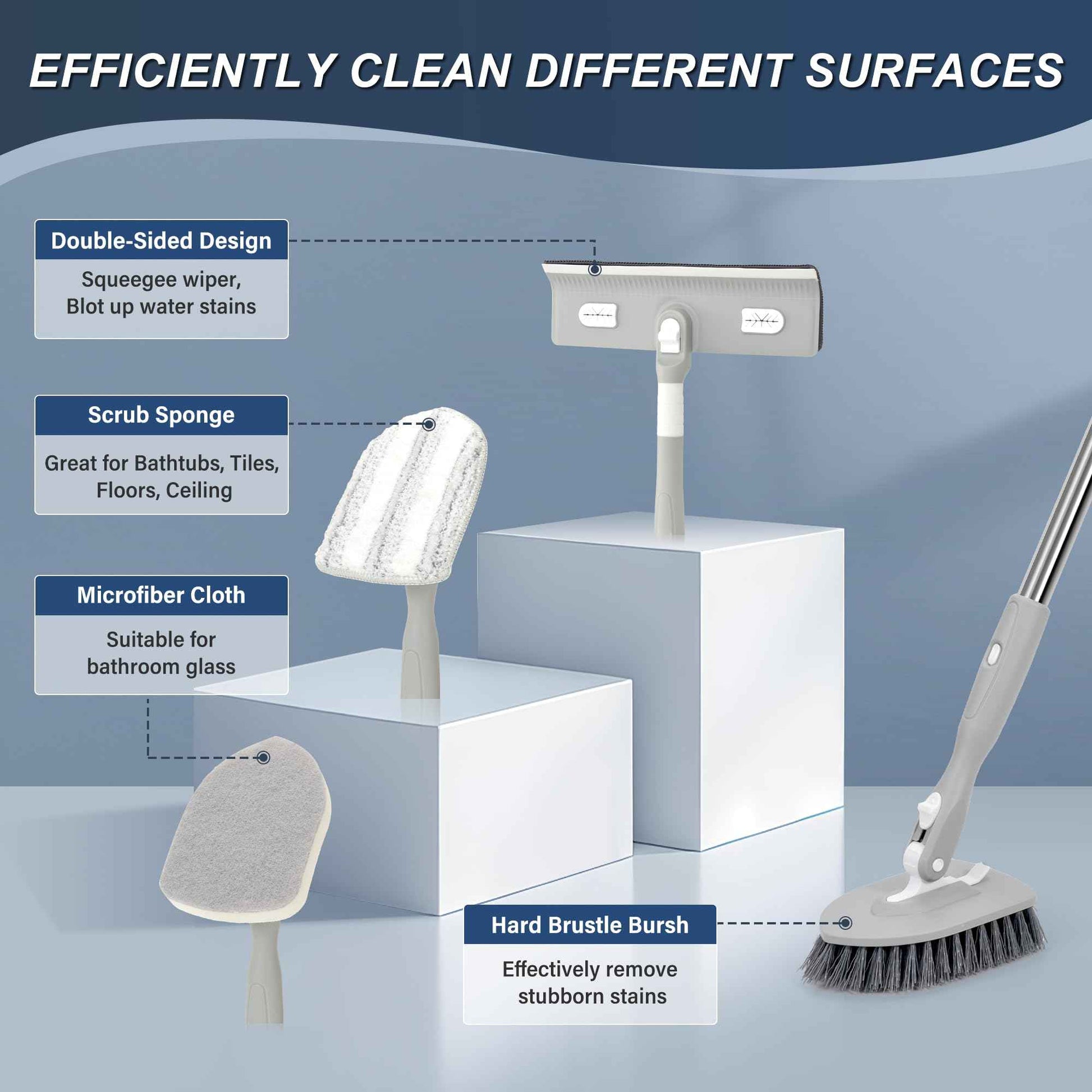 Tile Tub Floor Cleaner Scrubber With Long Handle - 5-in-1 Shower Brush Set for Bathroom, Kitchen, Walls, Sink - Includes Window Scraper and 3 Detachable No Scratch Heads