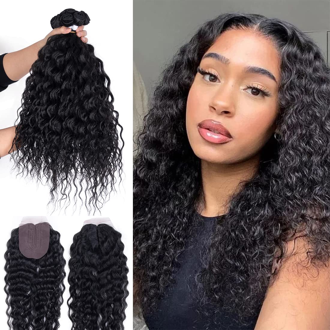 Synthetic Curly Hair Water Wave 8 Bundles with Closure Kinky Curly Hair For Black Women 20 Inch Weft and Wavy Bundles with Closure Hair Extensions Natural Black Color 9Pcs/Lot