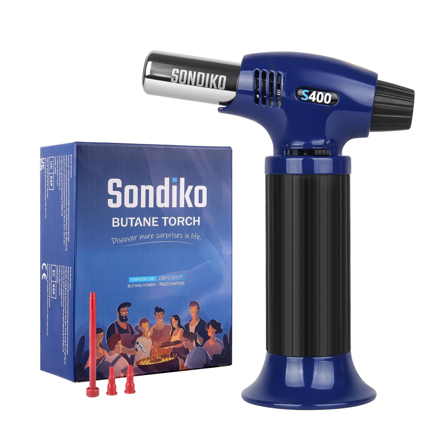 Sondiko S400 Blue Butane Torch, Refillable Kitchen Lighter with Safety Lock, Adjustable Flame for Creme Brulee & Baking—Butane Gas Not Included