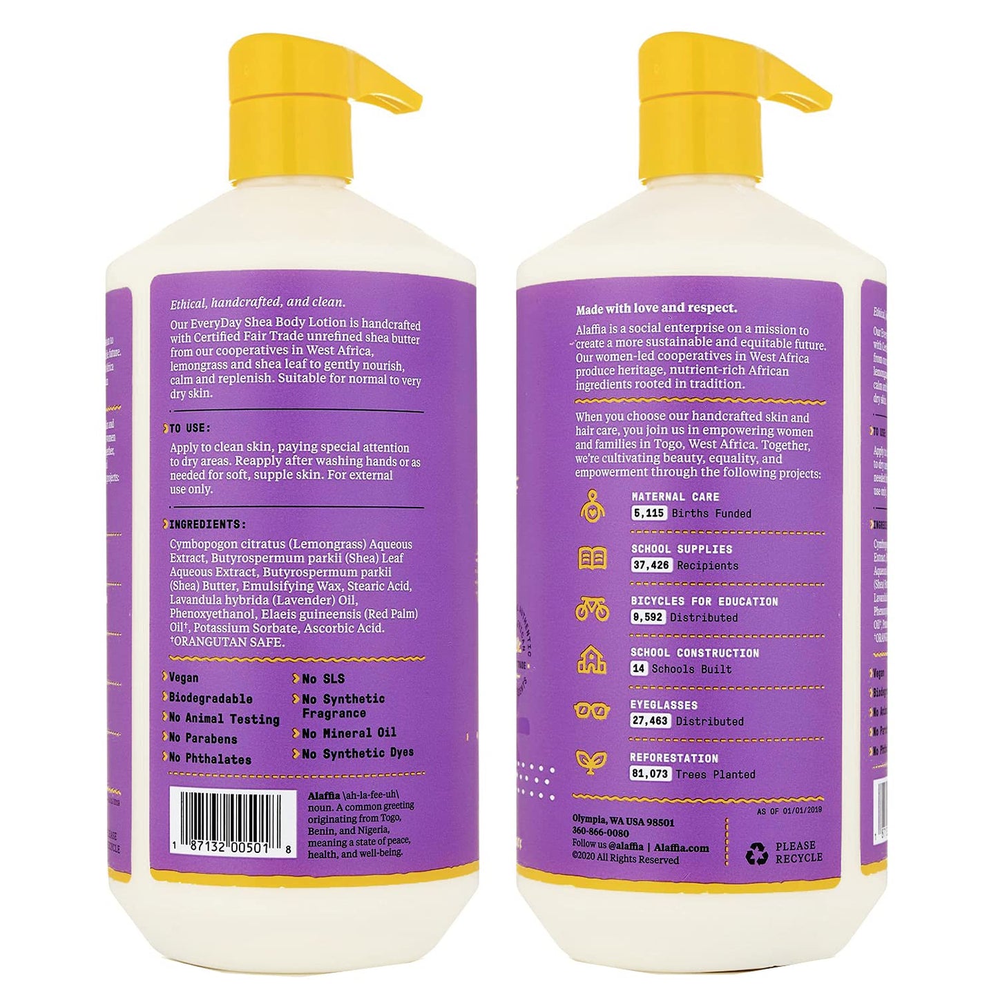 Alaffia Everyday Shea Body Lotion - Normal to Very Dry Skin, Moisturizing Support for Hydrated, Soft, and Supple Skin with Shea Butter and Lemongrass, Fair Trade, Lavender, 2 Pack - 32 Fl Oz Ea