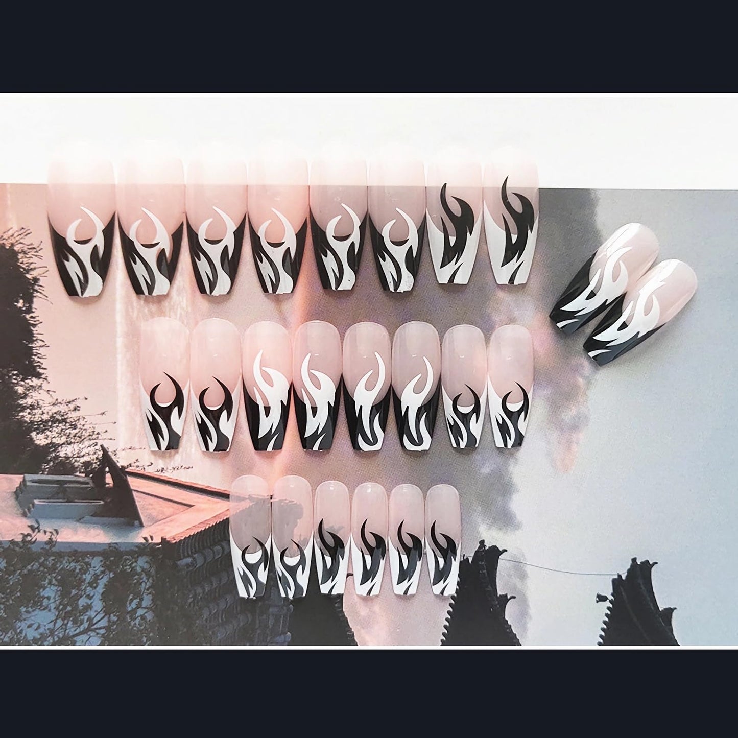 MERVF Coffin Press on Nails Long Fake Nails Black French Tip Glue on Nails with Flame Design Ballerina Goth Acrylic False Nails Glossy 24pcs