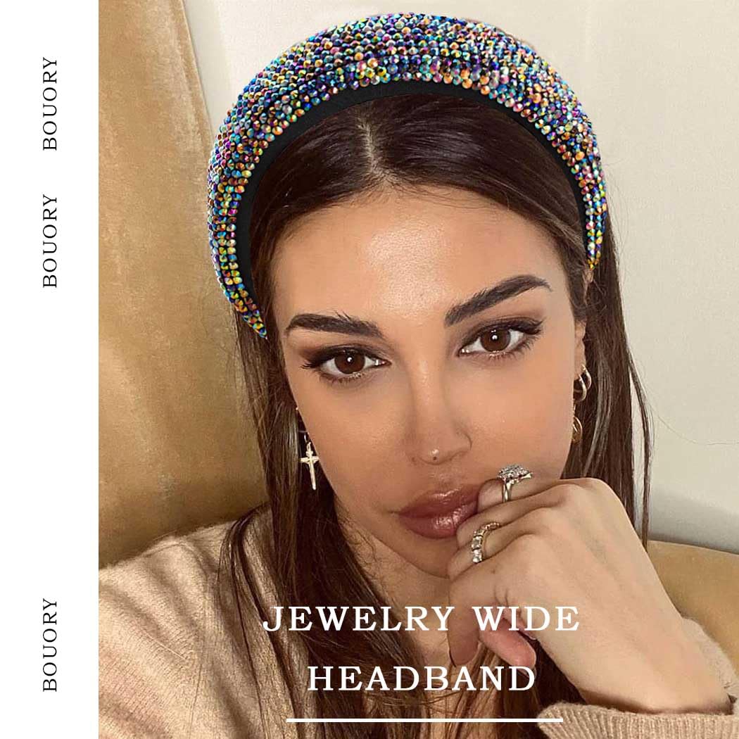 Bouory Sparkly Rhinestone Headbands Padded Wide Hairband Bling Crystal Head Bands for Women 1PCS Corlorful