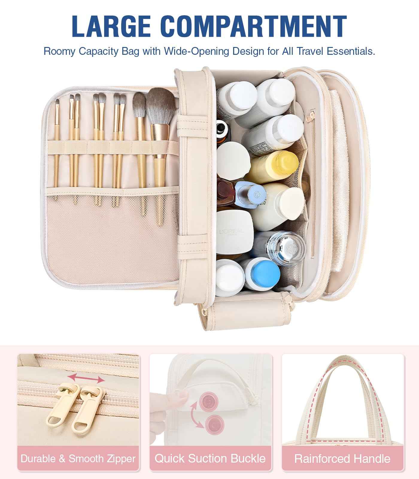 Hairao Travel Toiletry Bag, Lightweight Large Wide-open Toiletry Bag for Women, Puffy Makeup Bag with Handle, Carry-on Wet and Dry Travel Cosmetic Bag For Accessories, Essentials, Toiletries, Beige