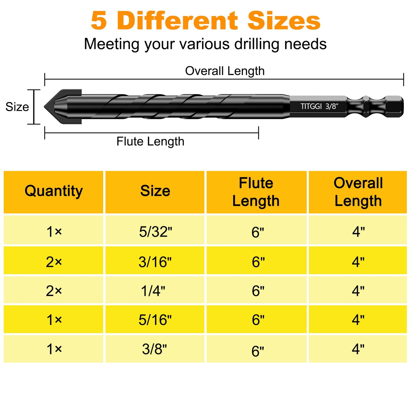 Concrete Drill Bit-Masonry Drill Bit Set, Industrial Strength Drill Bit Set, Extension Professional Masonry Drill Bit Set (7 PCS) for Glass/Brick/Plastic/Cement/Tile, 5/32"-3/8" by TITGGI