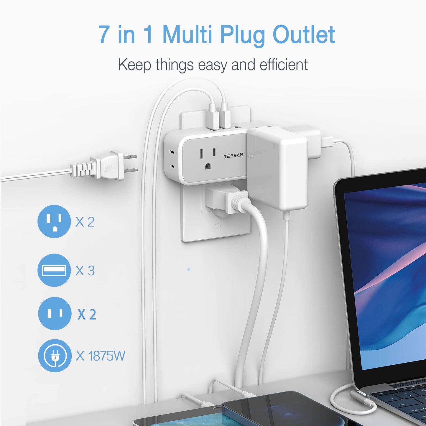 Multi Plug Outlet Splitter with USB, TESSAN 4 Electrical Multiple Outlet Extender with 3 USB Wall Plug, Mini Double Plug Expander for Travel, Home, Office, Dorm