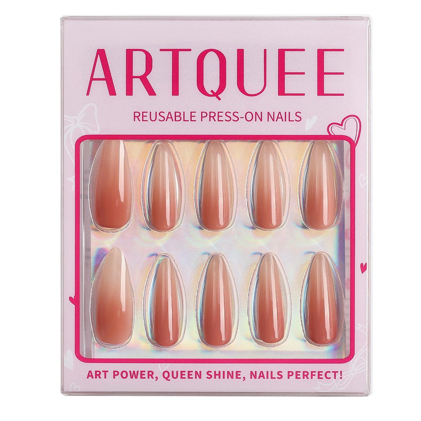 Artquee Ombre Nude Pink Stiletto Press on Nails Extra Long Almond Fake Nails Glossy False Nails Art Artificial Reusable Stick on Nails - 30 Nail Kit