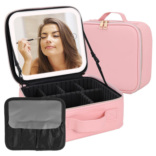 Makeup Bag With LED Mirror, Cosmetic Bag Organizer, Travel Cosmetic Bag With Mirror, With Removable Rechargeable Mirror, 3-Color Illumination, Portable Adjustable Divided Cosmetic Organizer (Pink)