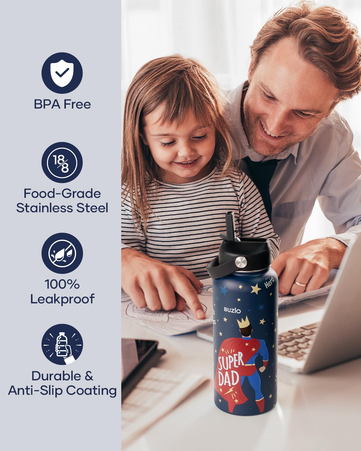 Father's Day Gifts for Dad, Funny Birthday Gift 32oz BUZIO Insulated Water Bottle with Straw Lid Stainless Steel Dad Tumbler from Son, Cold for 48hrs Double Wall Vacuum Thermo Canteen Cup, Hero