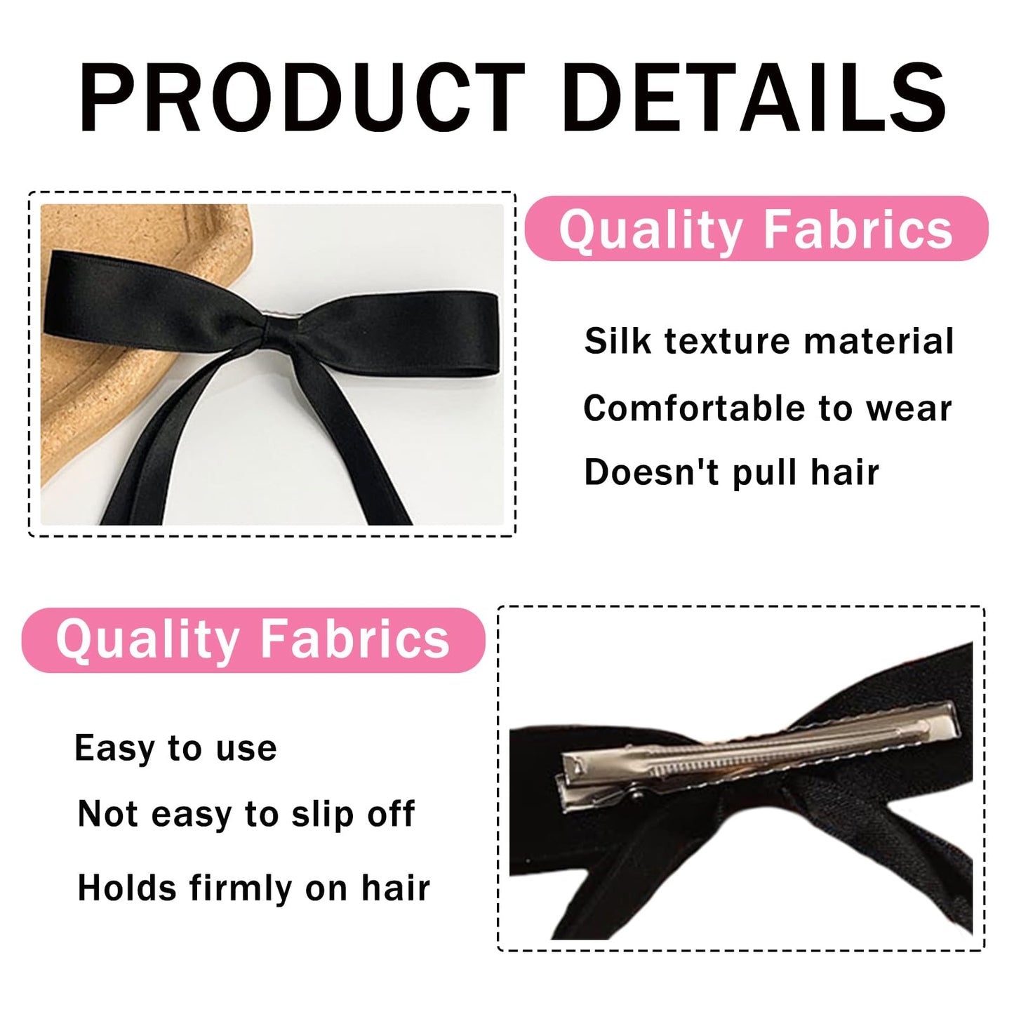 Bow Hair Clips for Women Long Tail Tassel Ribbon Bow Hair Barrettes Women Hair Accessories French Ballet Style 6 Pcs（Pink, Beige, Black, White, Blue, Green）