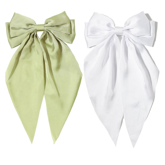 Furling Pompoms Hair Bows Clips for Women,White Bows Clip for Hair Green Bows Hair Barrette Spring Clips Long Tail Alligator Clips Bow Hair Accessories 2pcs