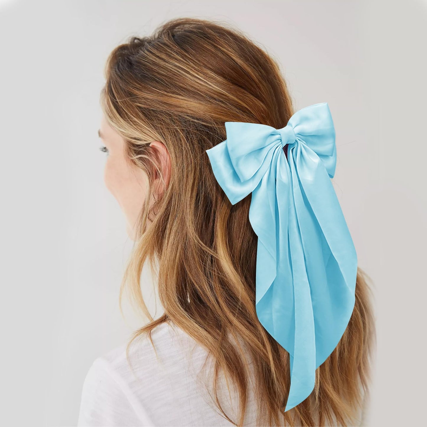 Big Hair Bows Silky Satin Hair Bows for Women - Sky Blue Long Tail Cute Hair Ribbon Coquette Barrettes for Girls