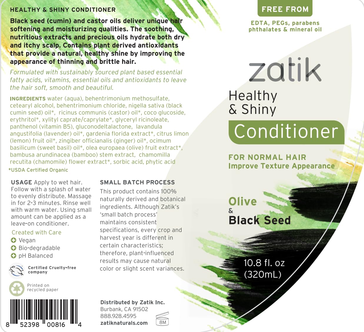 Zatik Naturals - Healthy and Shiny Conditioner with Olive and Black Seed, Vegan, Biodegradable, pH Balanced, FREE from EDTA, PEG, Parabens, fragrances, phthalates & mineral oil, 10.8 fl oz, 320ml