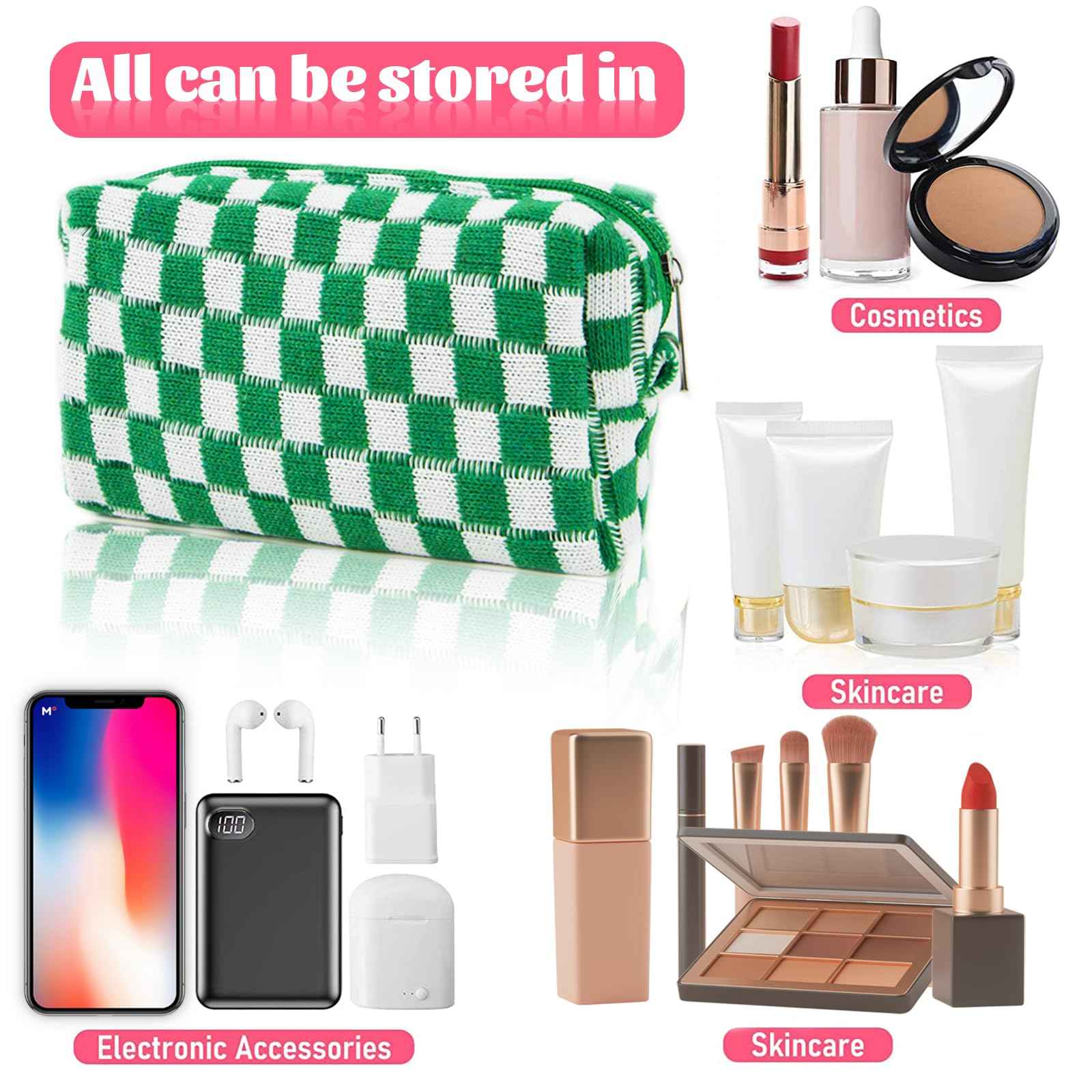 EYNDYN 12 PCS Checkered Makeup Bag Cosmetic Bag for Women Checkered Pouch Plaid Makeup Bag for Women Large Capacity Pencil Case Makeup Brushes Storage Bag Travel Toiletry Bag Organizer