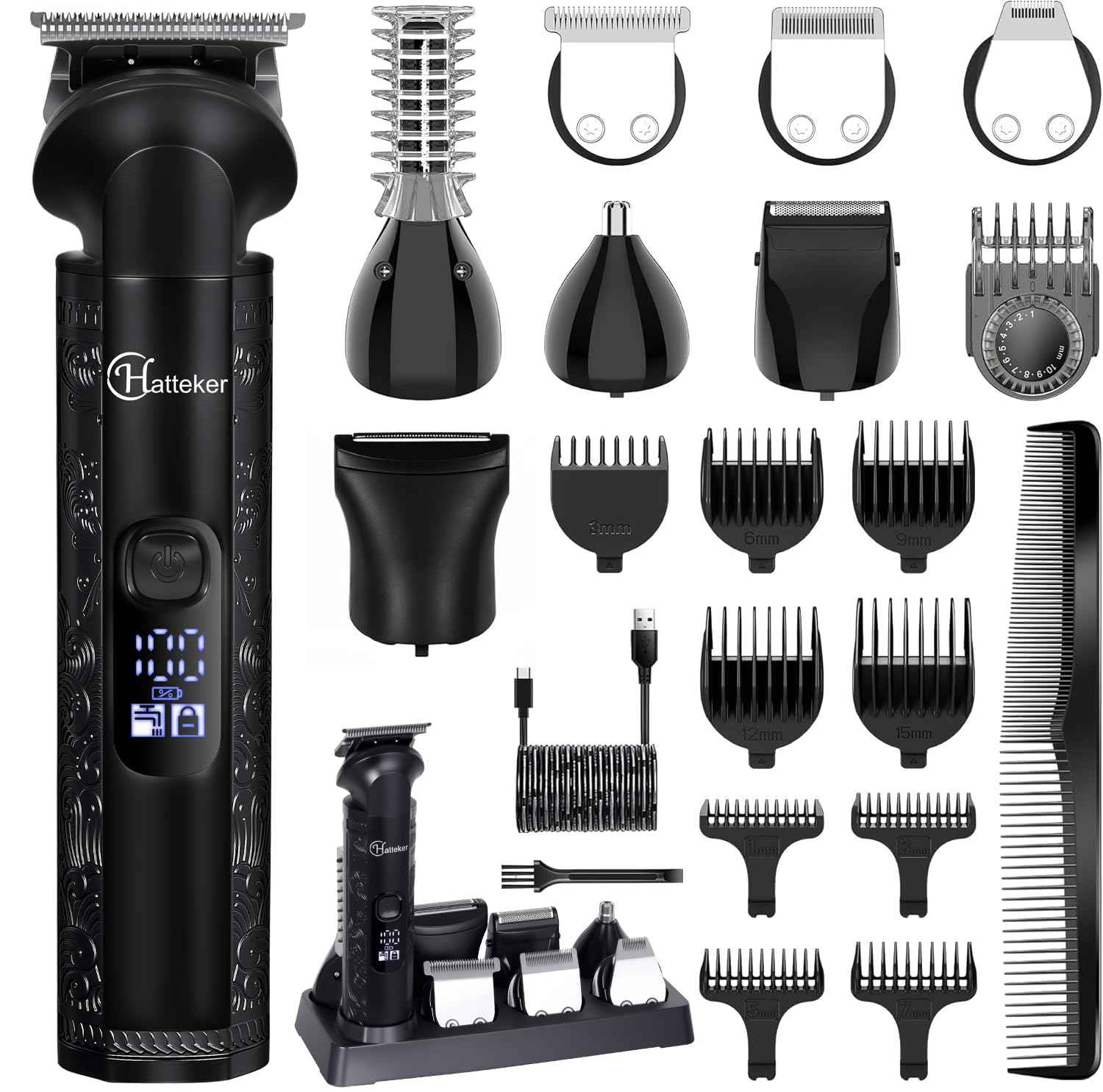 Hatteker 8-in-1 Mens Grooming Kit - Zero-Gap T-Blade Trimmer, IPX7 Waterproof Cordless Set with Hair Clipper/Beard Trimmer/Nose Trimmer, USB Rechargeable (1.5H Charge 180M Use) for Home & Travel