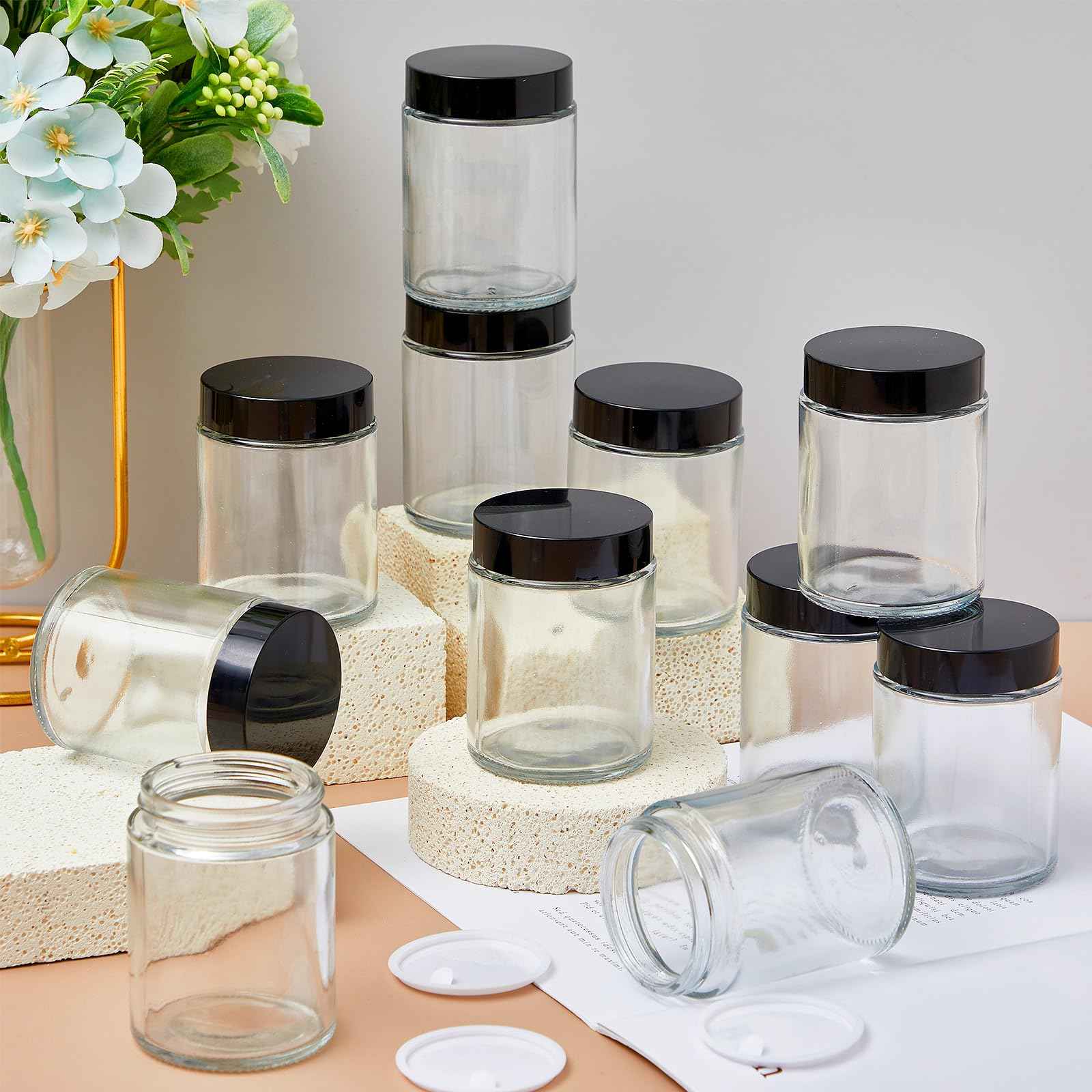 Domensi 24 Pcs 6oz Glass Jars with Lids Leakproof Round Airtight Empty Cosmetic Jars with Inner Liners Lid for Storing Lotions Spices Ointments Candle Making Food Storage (White Black)