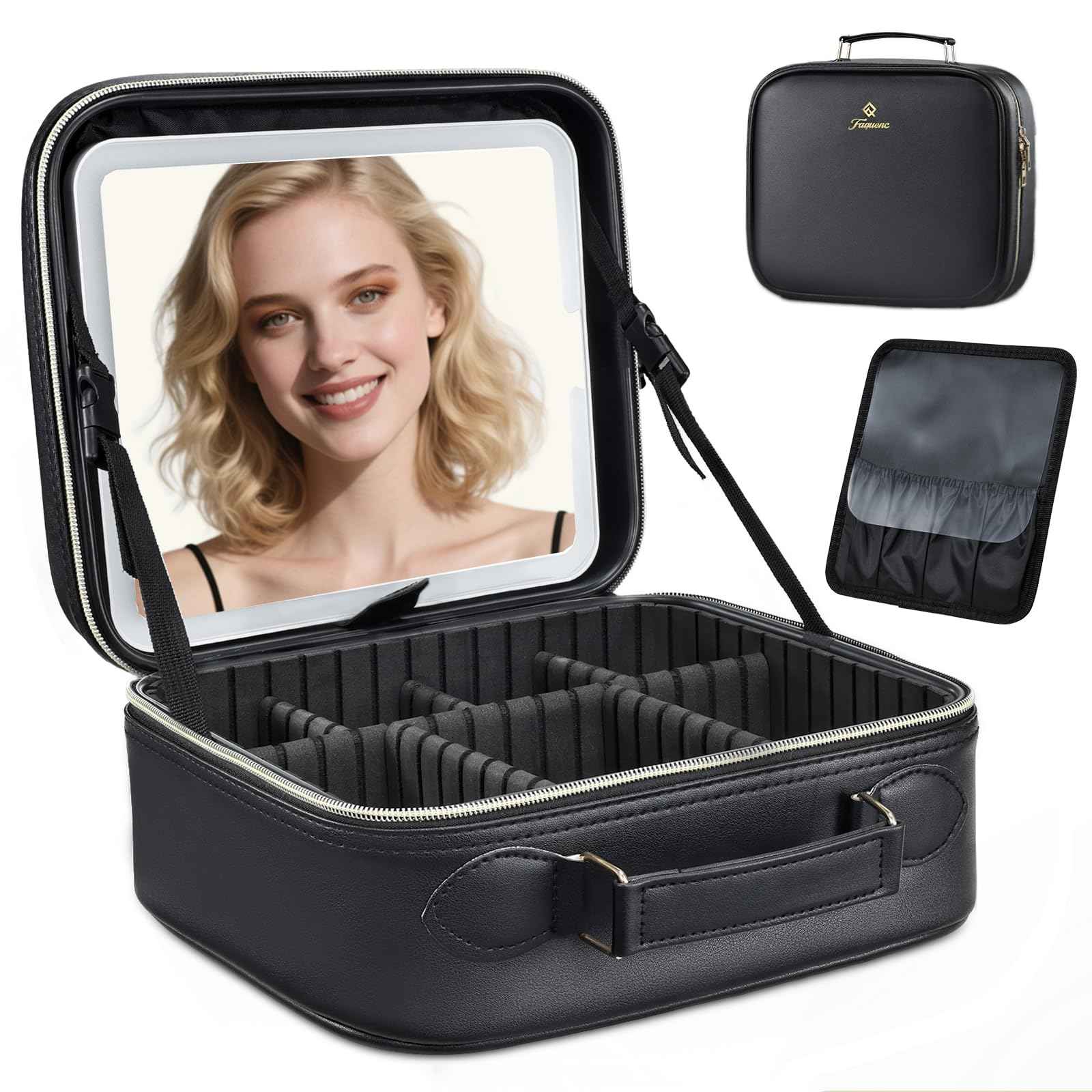 Faquenc Travel Makeup Bag with LED Mirror 3 Color Modes,10.2-in Black Vegan Leather Makeup Organizer Bag with Adjustable EVA Dividers and Independent Brush Panel