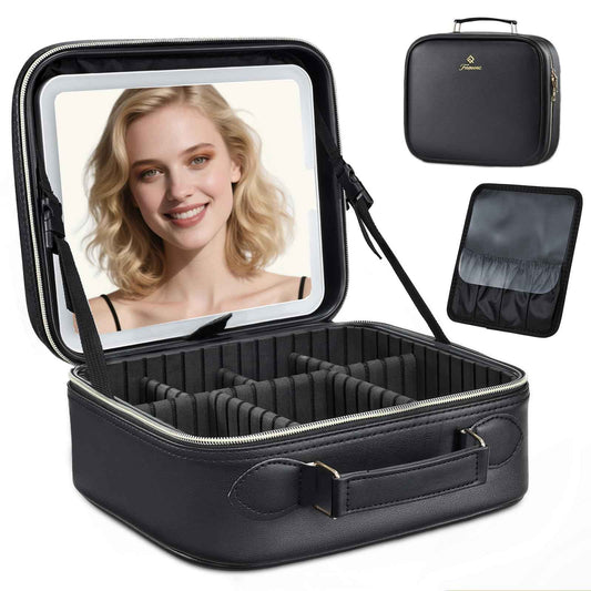 Faquenc Travel Makeup Bag with LED Mirror 3 Color Modes,10.2-in Black Vegan Leather Makeup Organizer Bag with Adjustable EVA Dividers and Independent Brush Panel