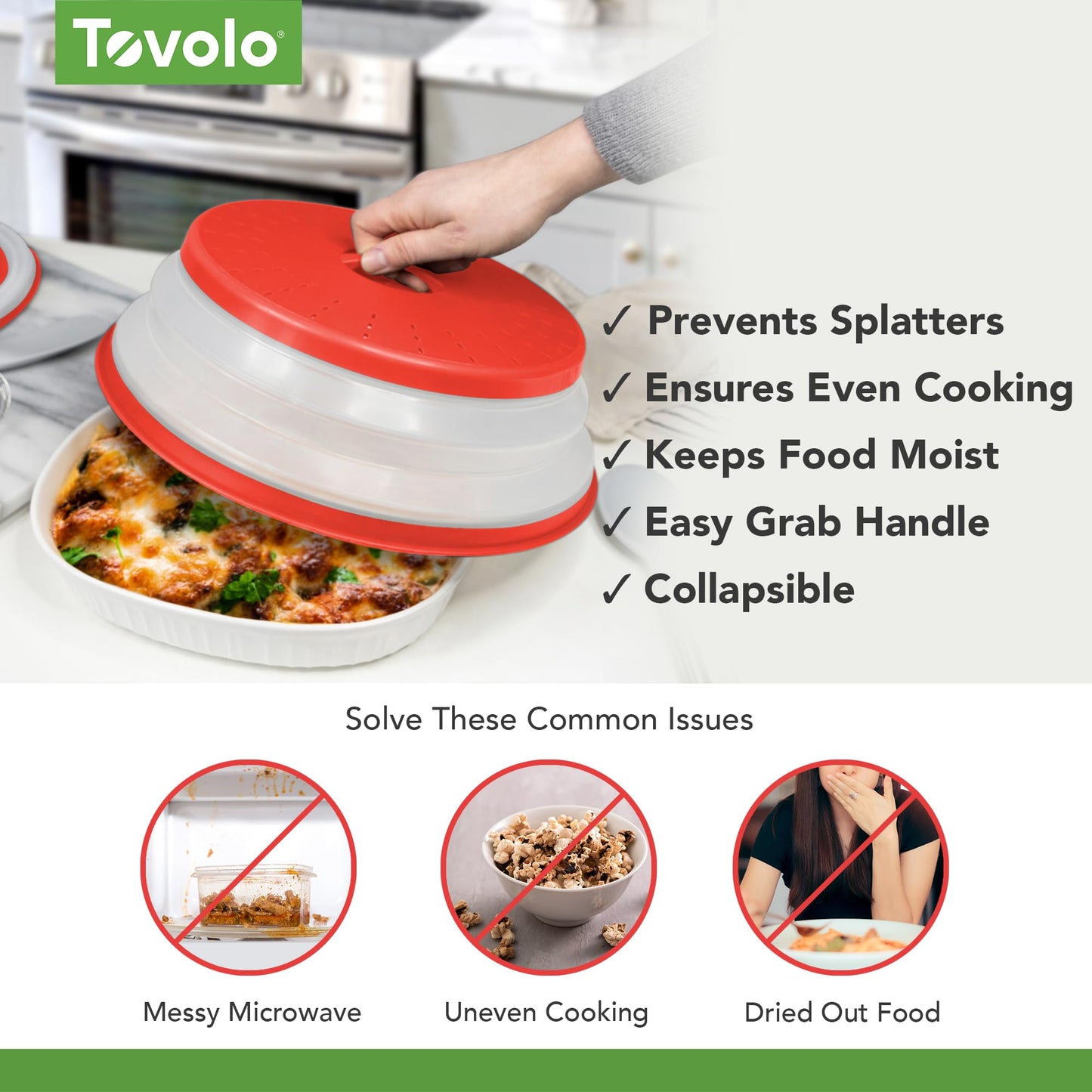 Tovolo Microwave Splatter Cover for Food, Large (Candy Red Apple) - Collapsible & Vented Silicone Splatter Guard Lid - Microwave Plate & Dish Cover with Handle - BPA-Free Kitchen Gadget for Meal Prep