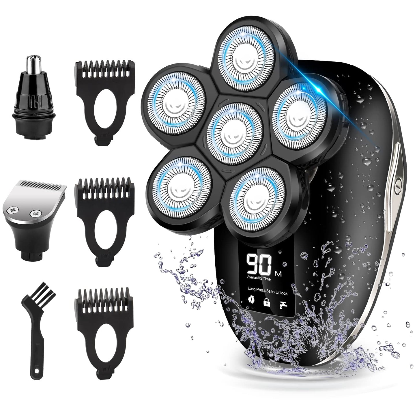 Electric Head Shaver for Bald Men, 6 in 1 Mens Electric Head Razor Bald Head Shaver Cordless Electric Razor Men, IPX7 Wet/Dry Waterproof Rotary Shaver with Head Shaver Kit LED Display